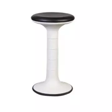 Mogoo 1040PNA semi sitting stool with black padded seat and white pedestal base shown at full height