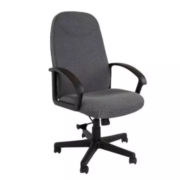 Iris 587 high back office chair in UK grey fabric with black armrests and five-star swivel base angled view