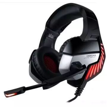 Black and silver Onikuma gaming headset with padded ear cups  adjustable headband  built-in microphone  and red LED accents.