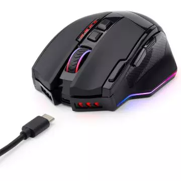 Mahmayi AM M801P RGB wired gaming mouse in black with multicolour RGB lighting and USB cable