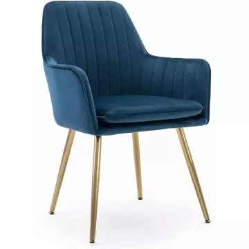 Mahmayi HYDC031G blue velvet dining armchair with gold metal legs front three-quarter view on white background