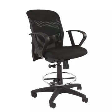 Scarlet black low back ergonomic mesh drafting chair with chrome footring and nylon base angled view