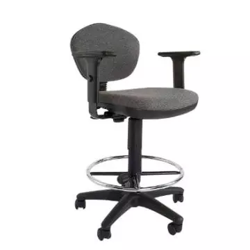 Sandra 1210ADK grey fabric drafting task chair with chrome footring and T-armrests shown at an angle