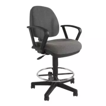 Gray fabric swivel office chair with black armrests  a height-adjustable base  and a chrome foot ring.