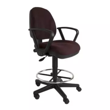 Burgundy fabric drafting chair with adjustable height  black armrests  foot ring  and five-wheel base.