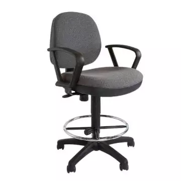 Gray fabric drafting chair with adjustable height  black armrests  foot ring  and five-wheel base.