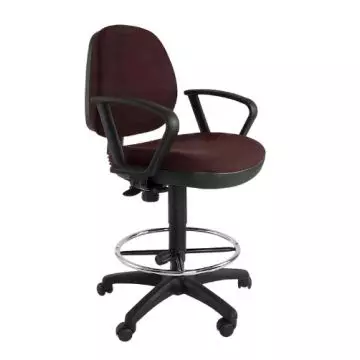 High-back burgundy fabric drafting chair with black armrests  adjustable seat height  and foot ring on a five-wheel base.