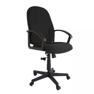 Helena 591 high back office chair in black fabric shown at an angle with fixed armrests and five-star castor base