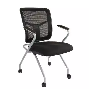 Aura 840NSF folding guest chair with black mesh back padded seat silver frame and castors shown at an angle
