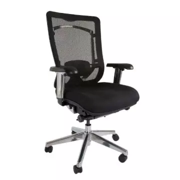 Stoel 97726 black ergonomic mesh office chair with polished aluminium base and adjustable armrests shown from front angle