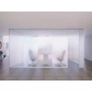 Mahmayi full frosted glass cabin partition wall without door showing silhouettes of office chairs inside a modern open-plan office