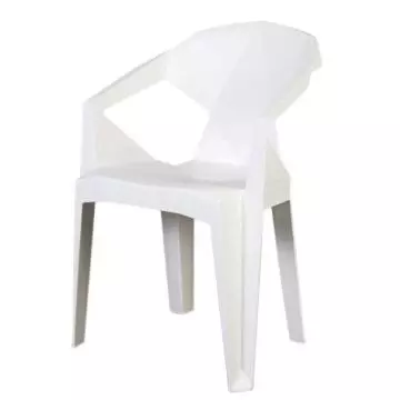 Muze 94PNA white stackable plastic armchair with geometric faceted backrest shown at an angle