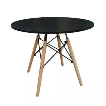 Mahmayi TJ HYB01 round black MDF coffee table with natural wood dowel legs and black metal cross bracing on white background