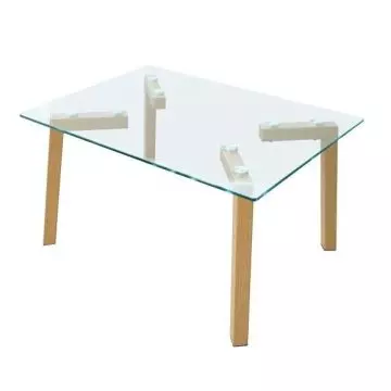 Mahmayi HYCT12-60 glass coffee table with clear tempered glass top and natural oak wooden legs angled view