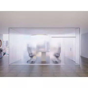 Mahmayi full frosted glass office cabin with sliding door front view showing diffused silhouettes of meeting chairs inside