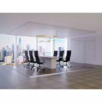 Mahmayi full clear glass cabin with sliding door enclosing a conference room with black executive chairs and city skyline view