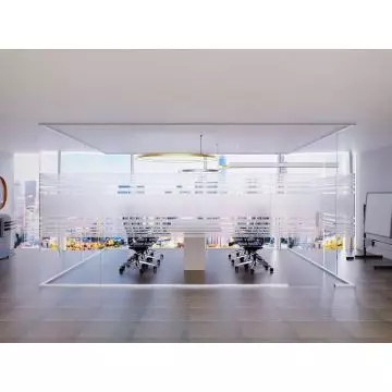 Mahmayi middle frosted glass cabin with sliding door enclosing a conference room with city skyline view - front elevation