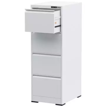 white four drawer filing cabinet with top drawer open and digital keypad