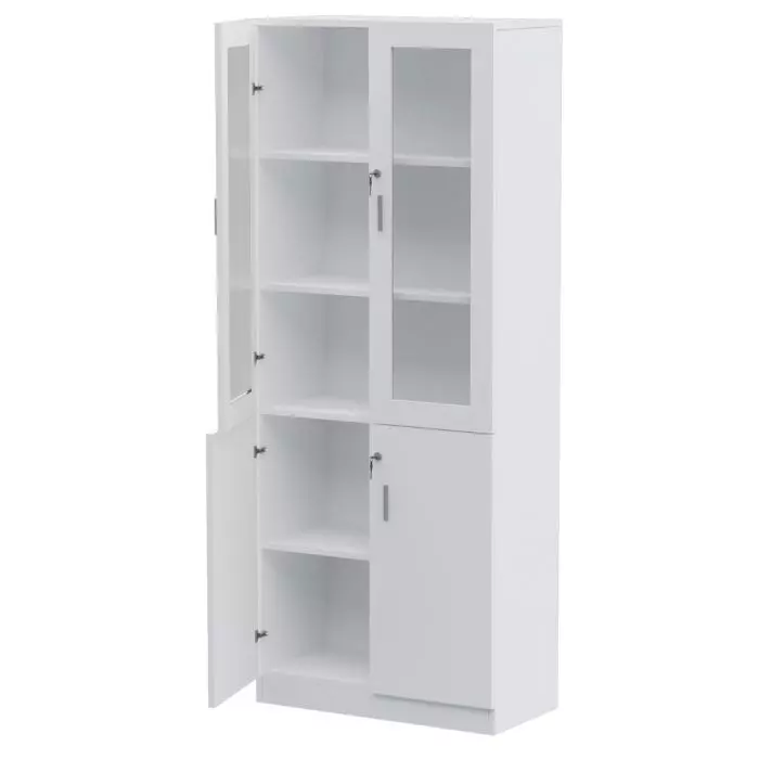 Carre 1123 white full height bookshelf with glass doors open showing interior shelves and solid lower cabinet doors open