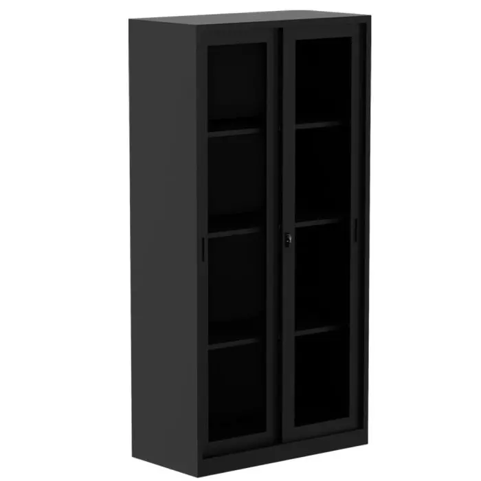 Black metal storage cabinet with lockable glass doors and three internal shelves.
