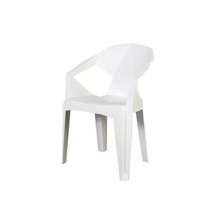 Muze 94PNA white stackable plastic armchair with geometric faceted backrest shown at an angle