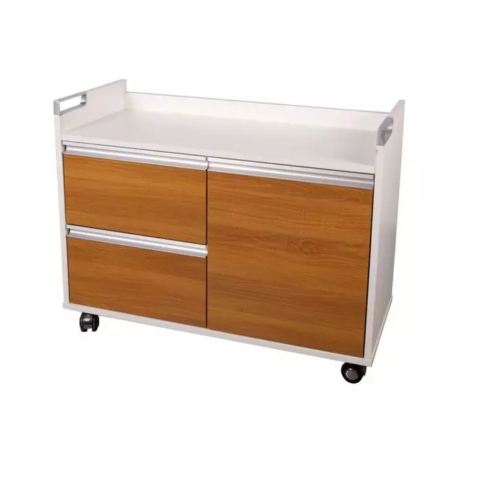 Mahmayi Zelda SR02 modern side return cabinet in light walnut and white with two drawers and one door on castors angled view