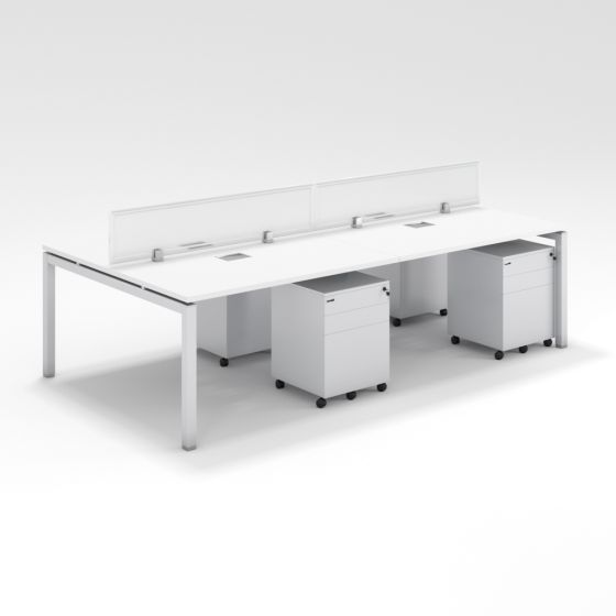 Shared Structure 4 Seater in White Color with Polycarbonate Dividers with Drawers without Mesh Chairs and Worktop W100cm x D60cm