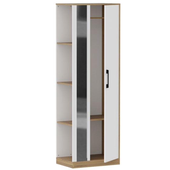 Mahmayi Modern Single Door Wardrobe with 3 Open Side Shelves, Mirror and Hanging Rods Efficient Storage for Home, Bedroom Cognac Brown Sherman Oak
