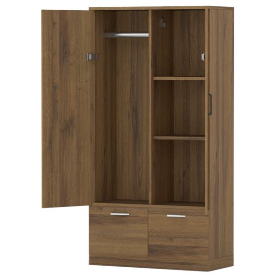 Mahmayi Modern Two Door Wardrobe with 2 Storage Drawers and Clothing Hanging Rods Cognac Brown Sherman Oak Finish for Home and Bedroom Organization