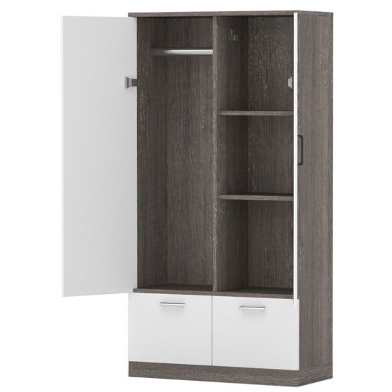 Mahmayi Modern Two Door Wardrobe with 2 Storage Drawers and Clothing Hanging Rods Grey Brown White River Oak and Premium White Finish for Home and Bedroom Organization