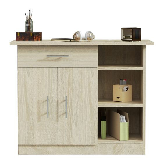 Mahmayi Modern Multifunctional Medium Height Cabinet with Single Drawer, 2 Door Storage and 3 Open Shelf Grey Bardolino Oak Ideal for Hallway, Living Room, Kitchen, Bedroom