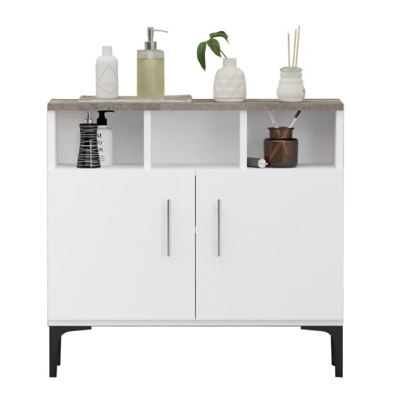 Mahmayi Modern Multifunctional Medium Height Cabinet with 2 Door Storage and 3 Open Shelf Dark Grey Chicago Concrete and Premium White Ideal for Hallway, Living Room, Kitchen, Bedroom