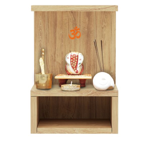 Mahmayi Modern Wooden Small Mandir, Temple with Single Open Shelf for Small Spaces Brown Kansas Oak Ideal for Home, Office, Temple