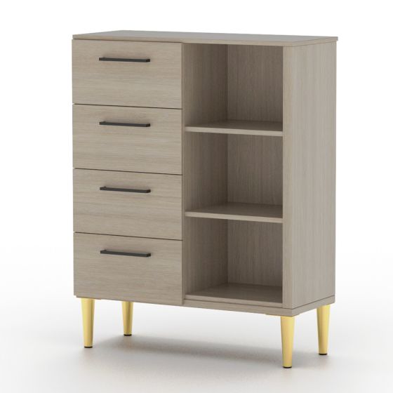 Mahmayi Modern Chest of Drawer with 4 Storage Drawers and 3 Open Shelves Beige Grey Lorenzo Oak Ideal for Office, Home, Bedroom, Living Room