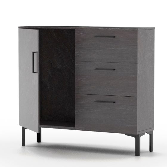 Mahmayi Modern Chest of Drawer with 3 Drawers and Single Door Storage Anthracite Jura Slate Ideal for Office, Home, Bedroom, Living Room