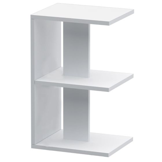 Mahmayi Modern E Shape Night Stand, Side End Table with 3 Open Storage Shelf White Ideal for Bedroom and Living Room