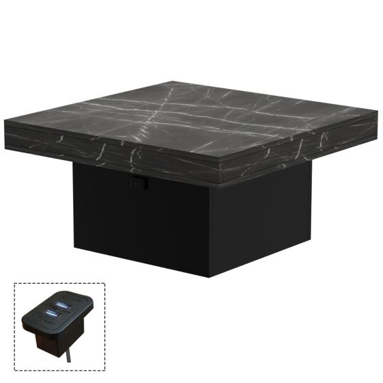 Mahmayi Modern Coffee Table with BS02 USB Port Square Shape Tabletop Black Pietra Grigia and Black Ideal for Living Room, Study Room and Office