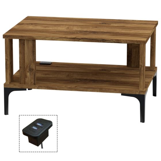 Mahmayi Modern Coffee Table with BS02 USB Port and Storage Shelf Dark Hunton Oak Ideal for Living Room, Study Room and Office