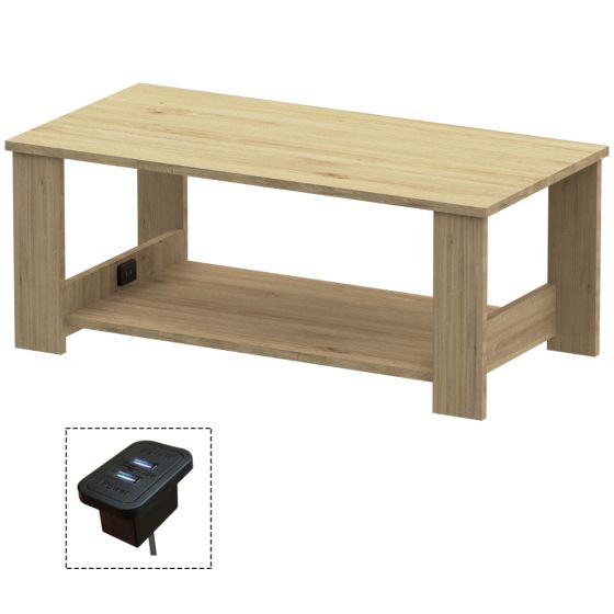 Mahmayi Modern Coffee Table with BS02 USB Port and Two Tier Storage Shelf Natural Davos Oak Ideal for Living Room, Study Room and Office