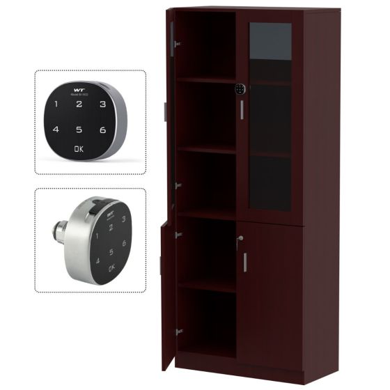 Mahmayi Argent 1123 Full Height Bookshelf Cabinet with Digital Lock Sturdy and Elegant Wooden Bookshelf Ideal for Home and Office, Apple Cherry