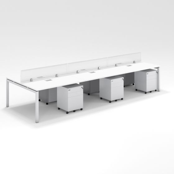 Shared Structure 6 Seater in White Color with Polycarbonate Dividers with Drawers without Mesh Chairs and Worktop W160cm x D75cm