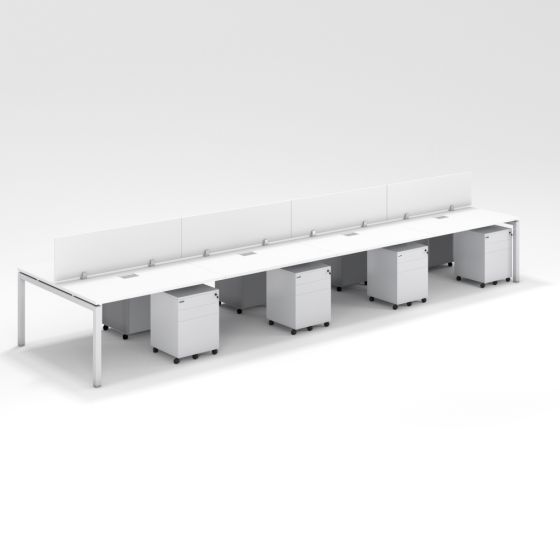 Shared Structure 8 Seater in White Colorwith Wood Dividers with Drawers without Mesh Chairs and Worktop W100cm x D75cm