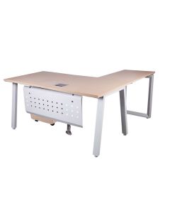 L-shaped office desk with a light wood top  white metal legs  and a perforated modesty panel.