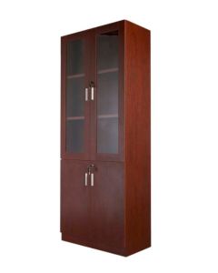 Tall wooden cabinet with a dark cherry finish  featuring two upper glass doors and two lower solid doors with silver handles.