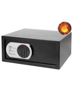 open black digital safe on shelf showing keypad and interior
