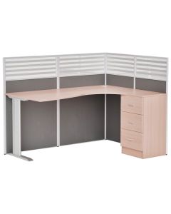 L-shaped office desk with light wood finish gray privacy panels and three lockable drawers.