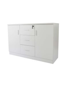 White wooden storage cabinet with two doors  three drawers  and a lockable compartment featuring a key.