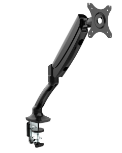Black single monitor arm with desk clamp and VESA plate