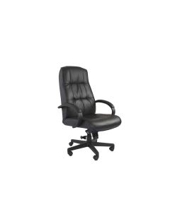 Black leather executive office chair with padded armrests and a five-wheel base.