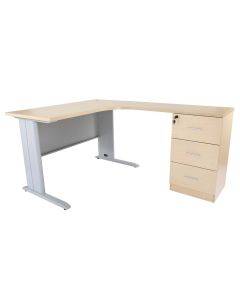 L-shaped wooden desk with light-colored finish  metal legs  and three lockable drawers on the right side.